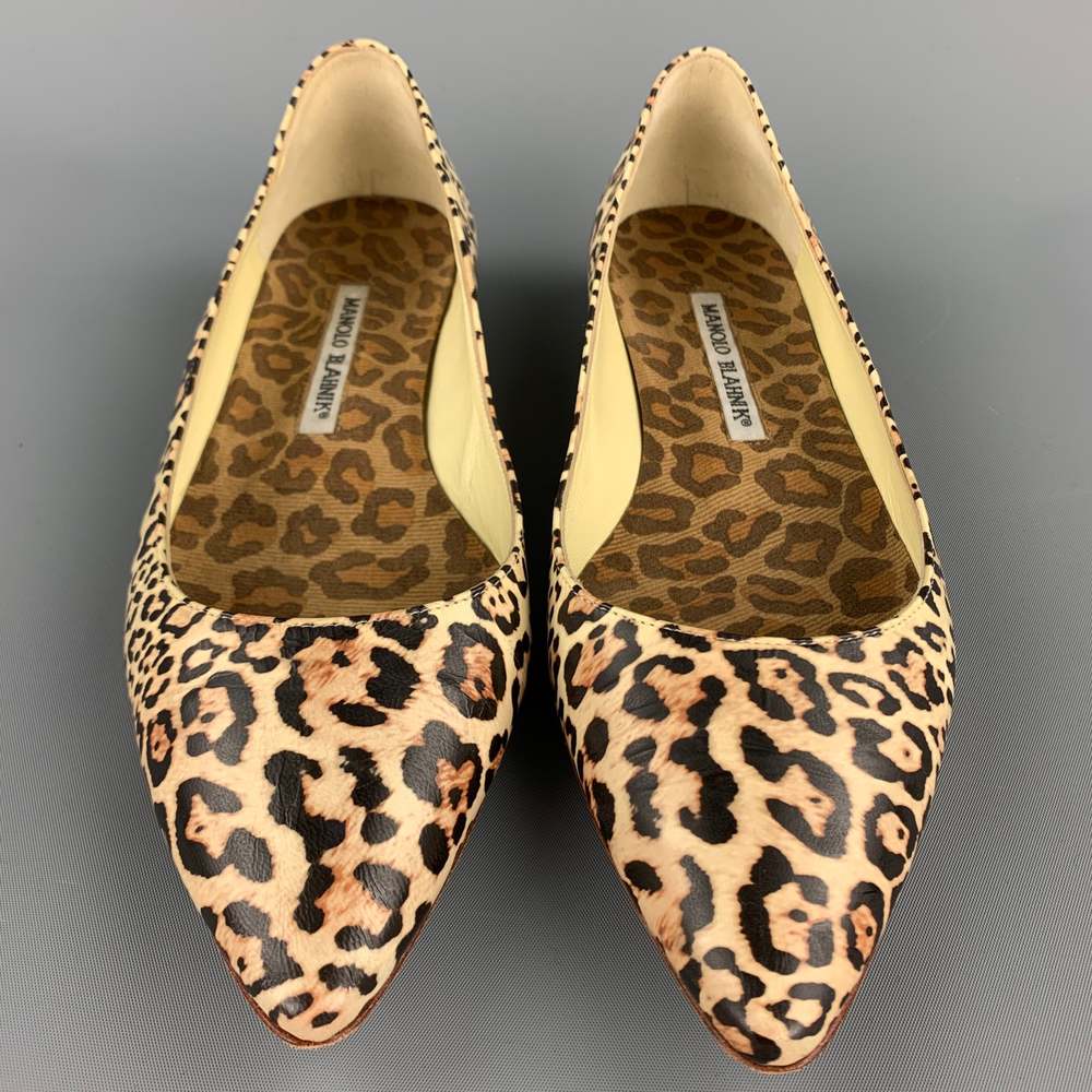 MANOLO BLAHNIK Size 8.5 Beige Animal Print Leather Flats - Picture 4 of 7